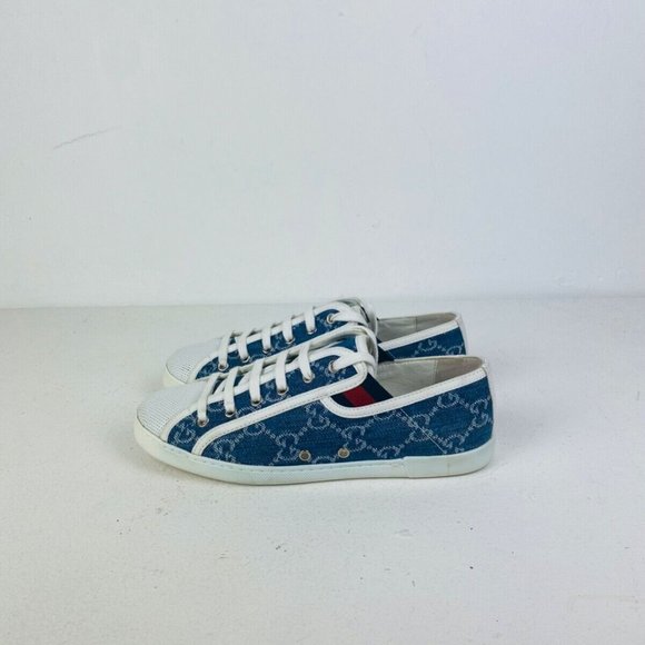 Gucci Shoes - Gucci Blue Denim Monogrammed GG Logo Leather Trim Low Top Tennis Trainers UK 3